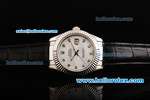 Rolex Datejust Automatic Movement with White Dial and Diamond Marking-Black Leather Strap - Click Image to Close